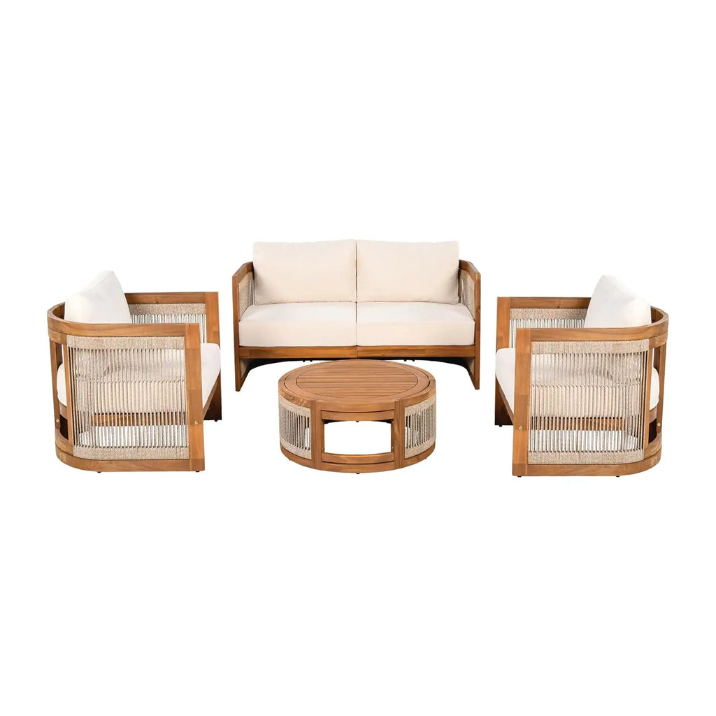 4-Piece Patio Set, All Weather Sectional w/ 2 Chairs, Loveseat & Table, Acacia Wood Outdoor Furniture with Cushions, Customized
