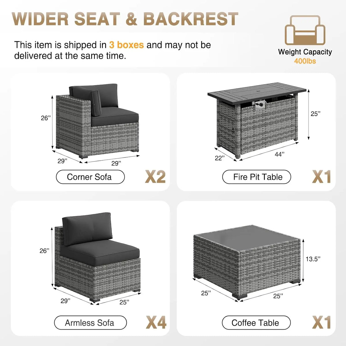Patio Furniture Sets, 8-Piece Outdoor Patio Furniture with 44'' Propane Gas Firepit Table, Wicker Outdoor, Customized