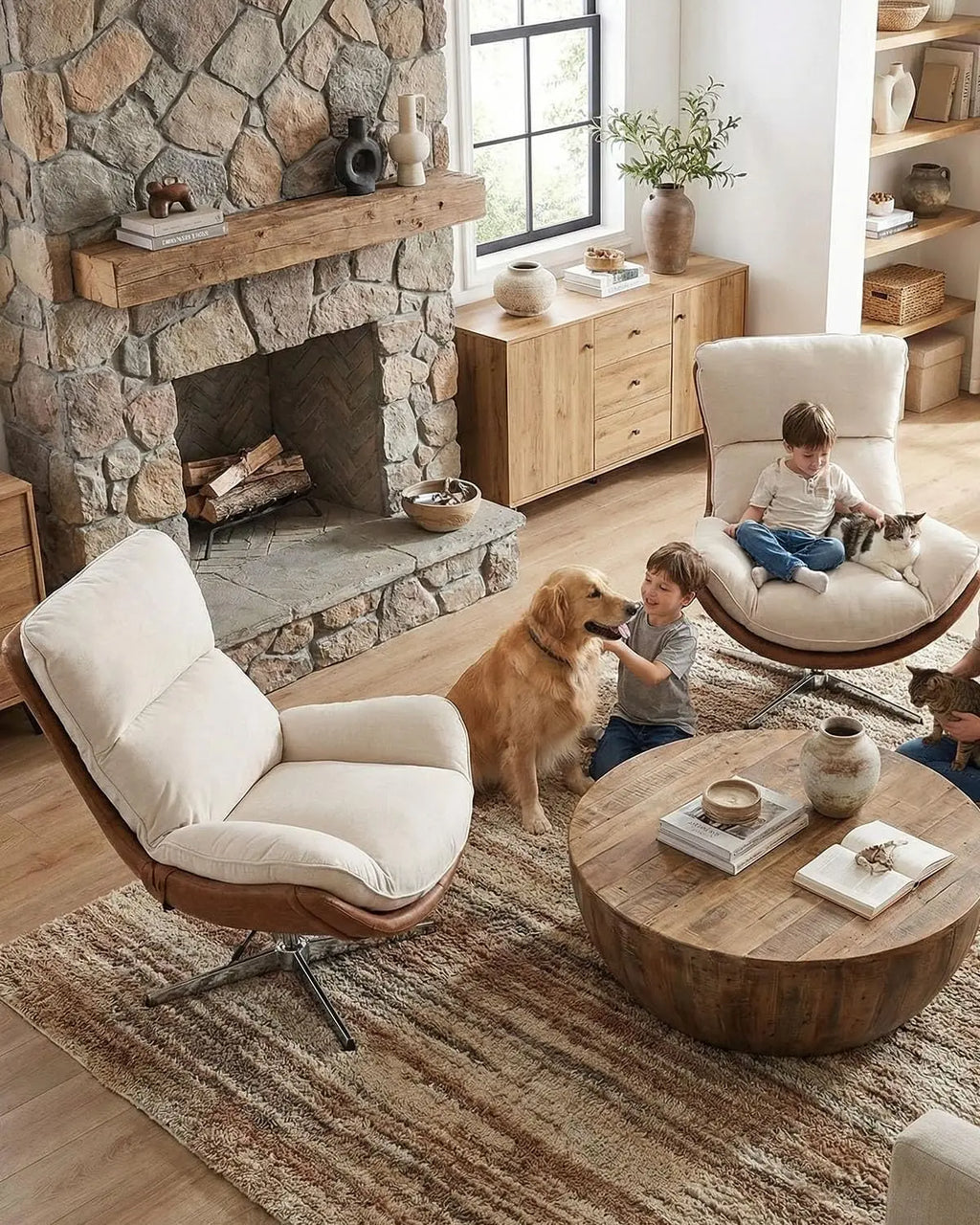 Modern Swivel Lounge Chair High Back Recliner with Metal Base for Living Room Office Beige Comfortable