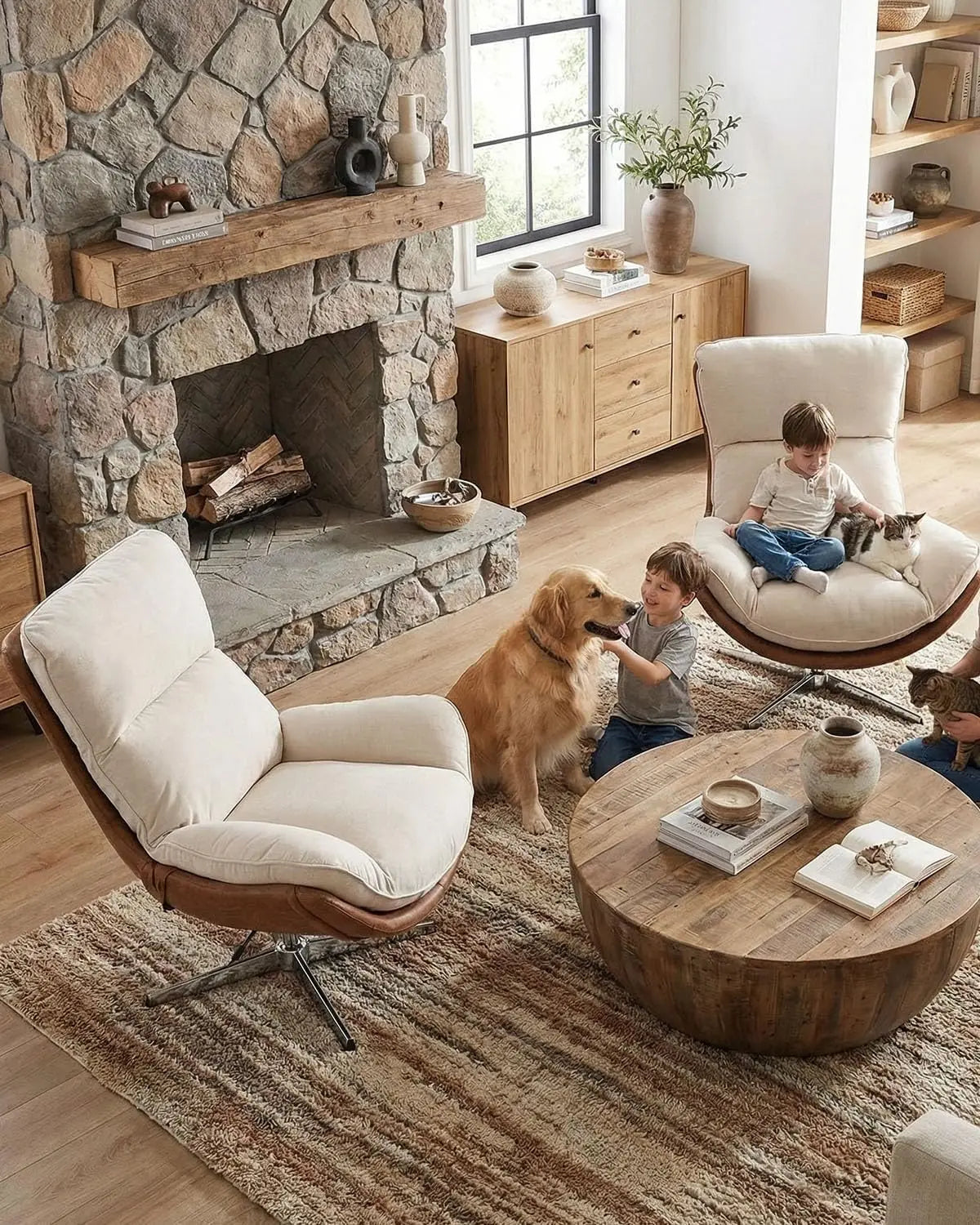 Modern Swivel Lounge Chair High Back Recliner with Metal Base for Living Room Office Beige Comfortable