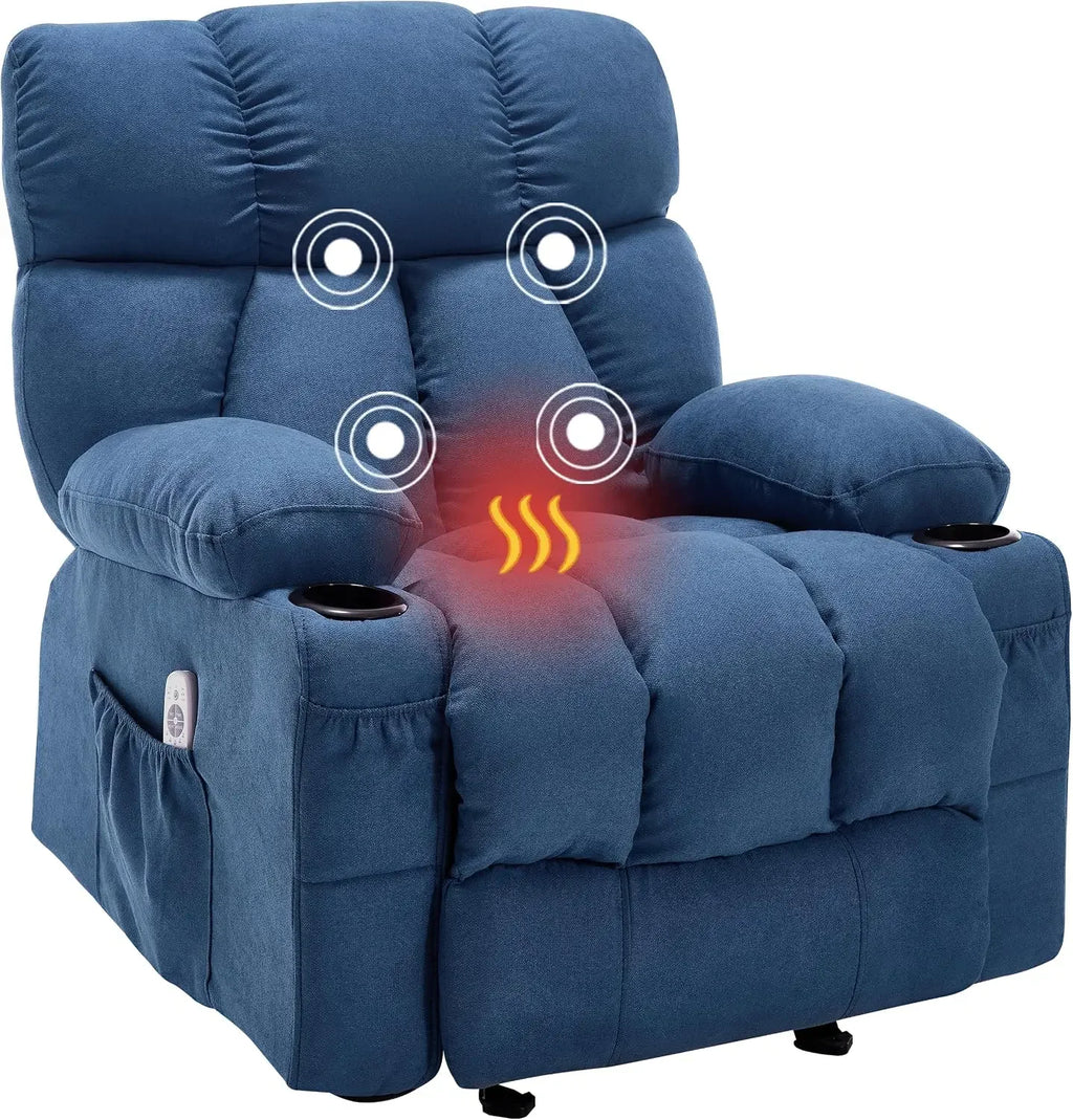 Blue Ergonomic Rocking Recliner Chair Heat Vibration Massage Lounge Living Room Storage Cup Holders