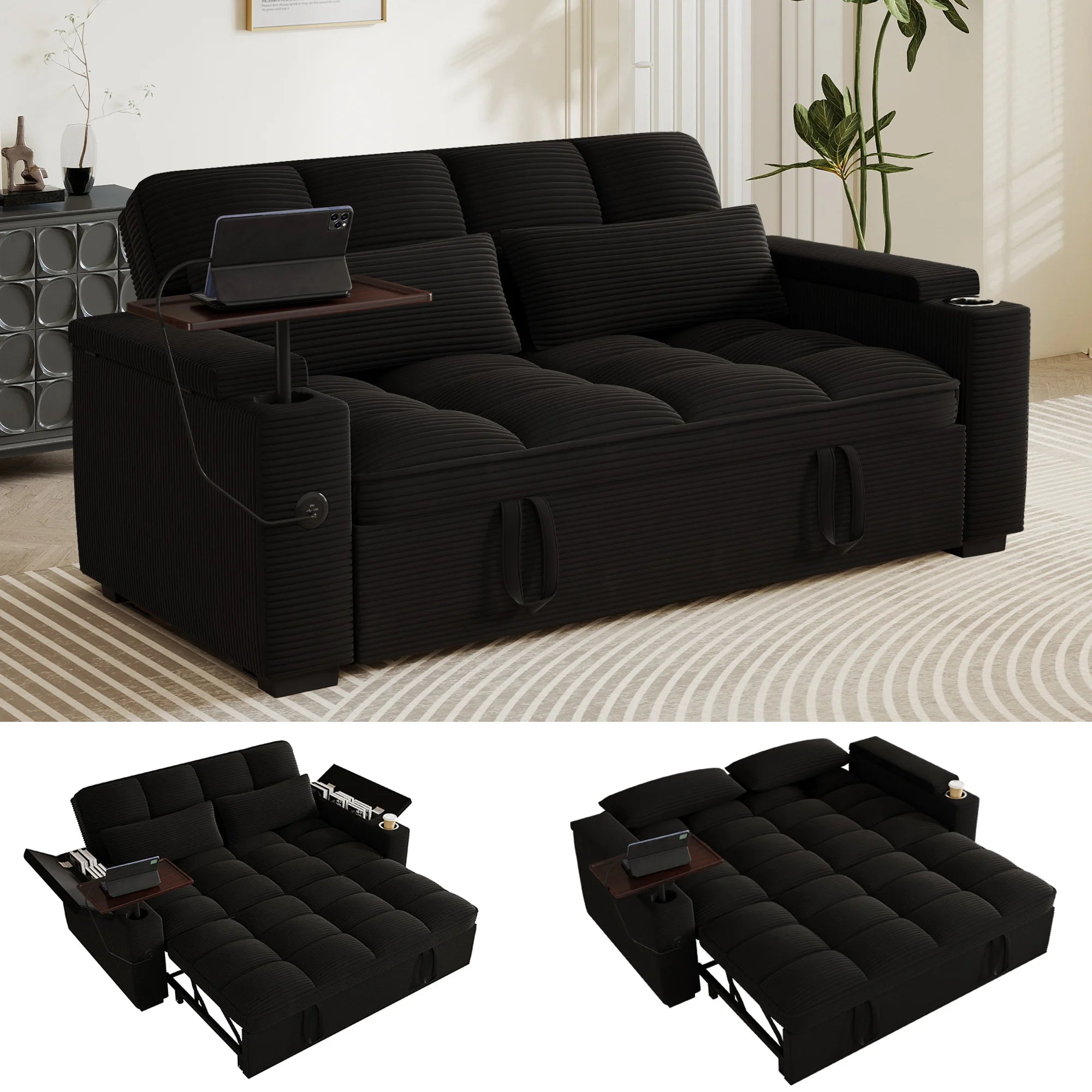65" 3-in-1 Folding Convertible Sofa Bed with 360° Swivel Side Table, Pull Out Couch USB Charging, Modern Corduroy Chenille, Black
