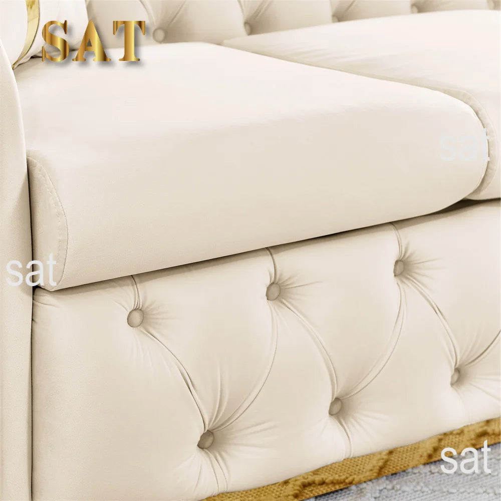 #￥Custom Velvet Button Tufted Sofa Couch with 2 Pillows 3 Seater Luxury Chesterfield Sofa Set with Gold Stainless Steel Accents