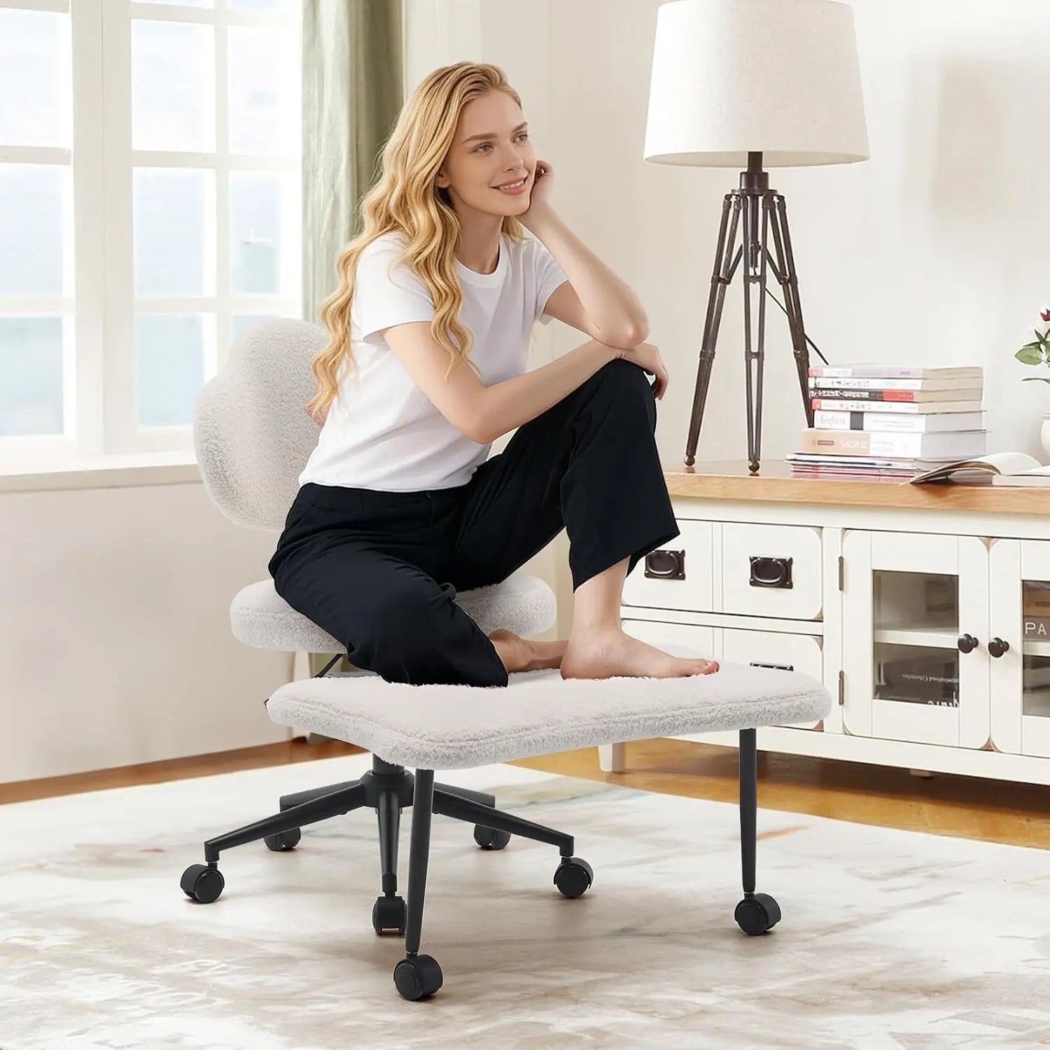 White Cross Legged Office Chair Meditation Seat with Lumbar Support for Desk Work, Yoga & Mindfulness Comfortable & Space-Saving