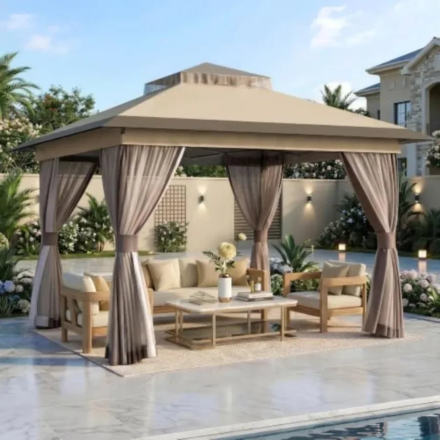 Pop Up Gazebo Canopy Tent, Outdoor Gazebo with Double Ventilated Roof, Waterproof UV Protection Pop Up Canopy with Mosquito Net