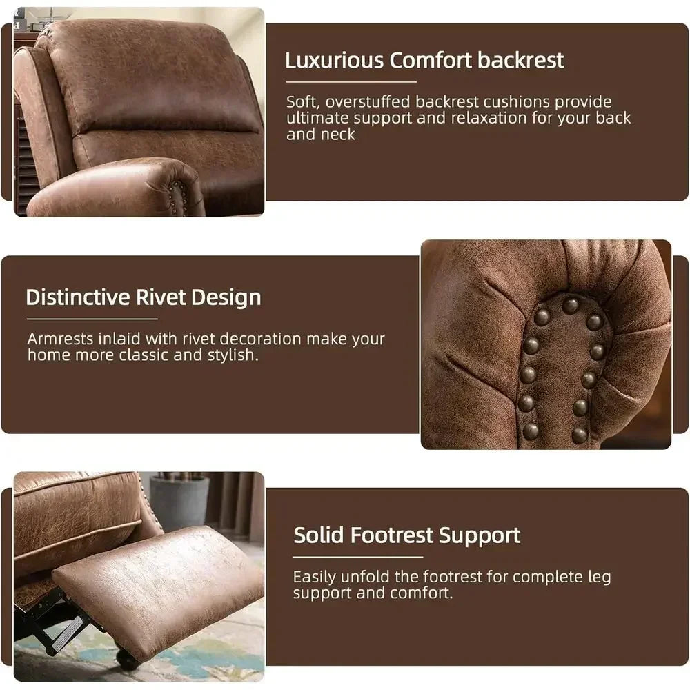 Refined Leather Recliner Chair with Rivet-Accented Wingback Design, Padded Seat, Solid Wood Legs, Ideal for Living Room Comfort