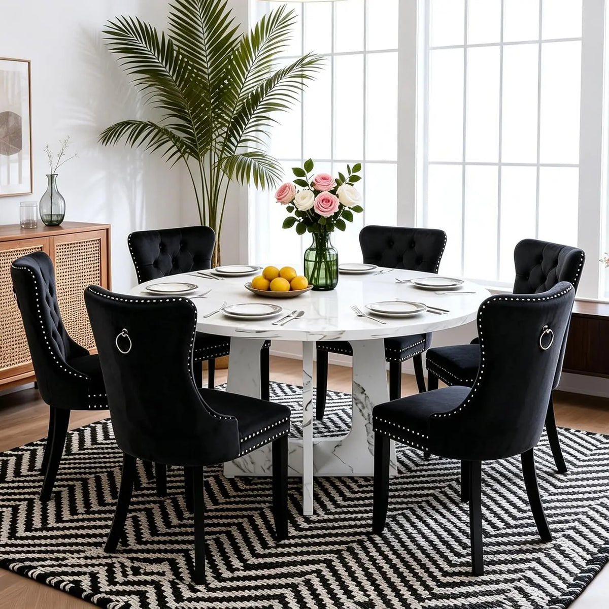 7-Piece Round Dining Table Set for 6, 47" Black Farmhouse Kitchen Table with 6 Gray Velvet Tufted Chairs, Modern Circle, Custom