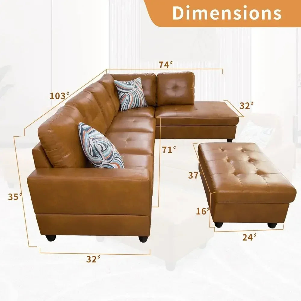 Leather Sectional Sofa with Storage Ottoman and Right Chaise in Ginger
