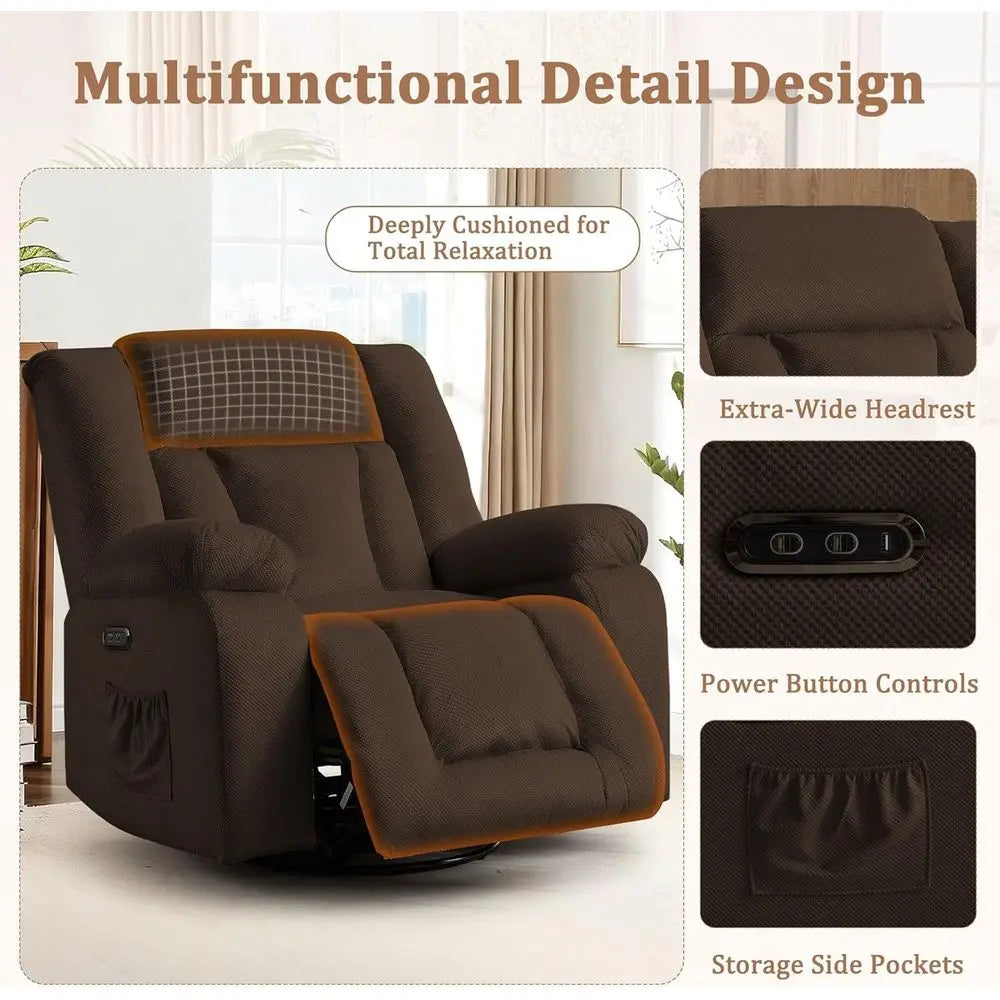 Adult Ergonomic Swivel Rocker Recliner with Heat and Massage for Living and Bedroom Spaces