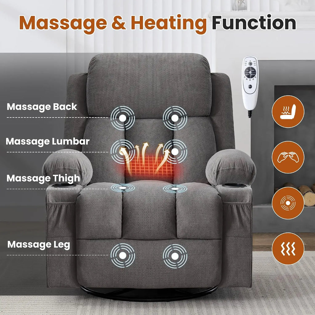 Swivel Rocker Recliner with Massage, Heat, USB, Cup Holders & Side Pocket for Living Room, Customized