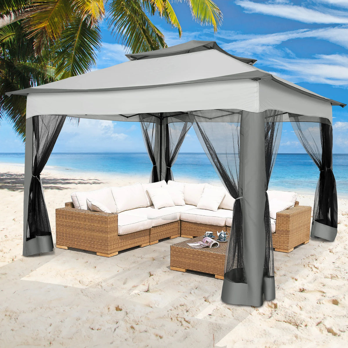 11x11 Pop up Gazebo on Clearance with Mosquito Netting&Sandbags, Outdoor Canopy Tent with 4 Ropes 8 Stakes&Portable Carrying Bag