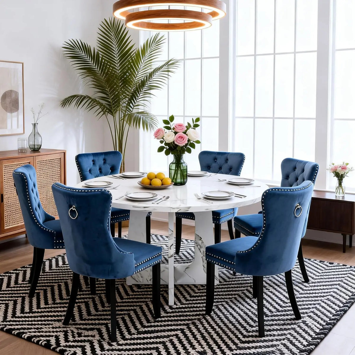 7-Piece Round Dining Table Set for 6, 47" Black Farmhouse Kitchen Table with 6 Gray Velvet Tufted Chairs, Modern Circle, Custom