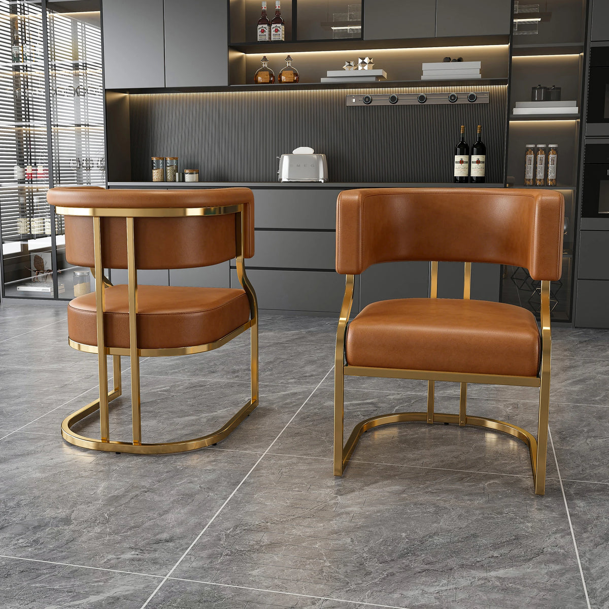 Modern Dining Chairs Set Of 2 With Gold Metal Legs, PU Leather Upholstered Kitchen Chairs, Brown