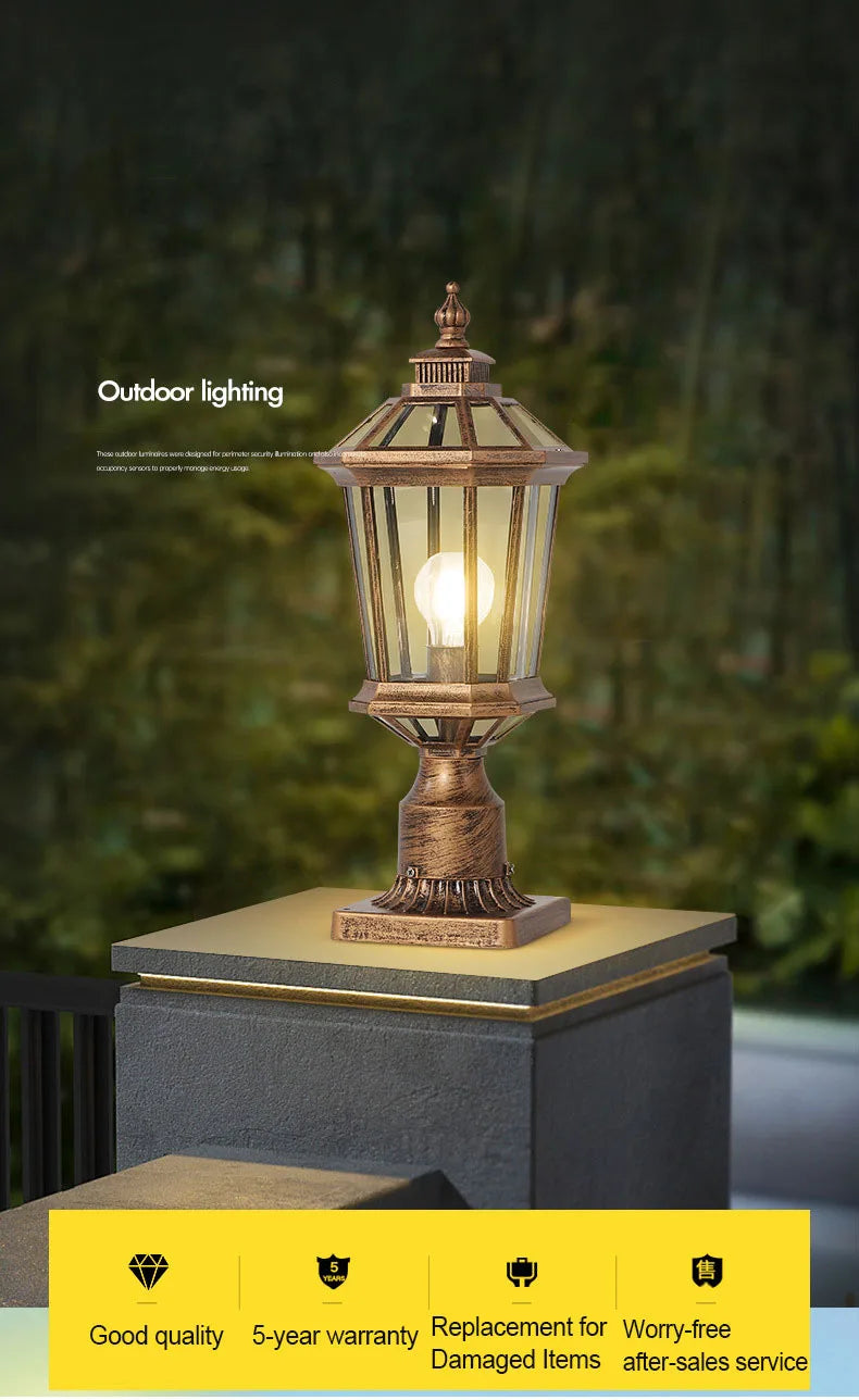 Waterproof Gold Garden Landscape Column Light Outdoor Door Post Porch Light with Glass for Villa Decor