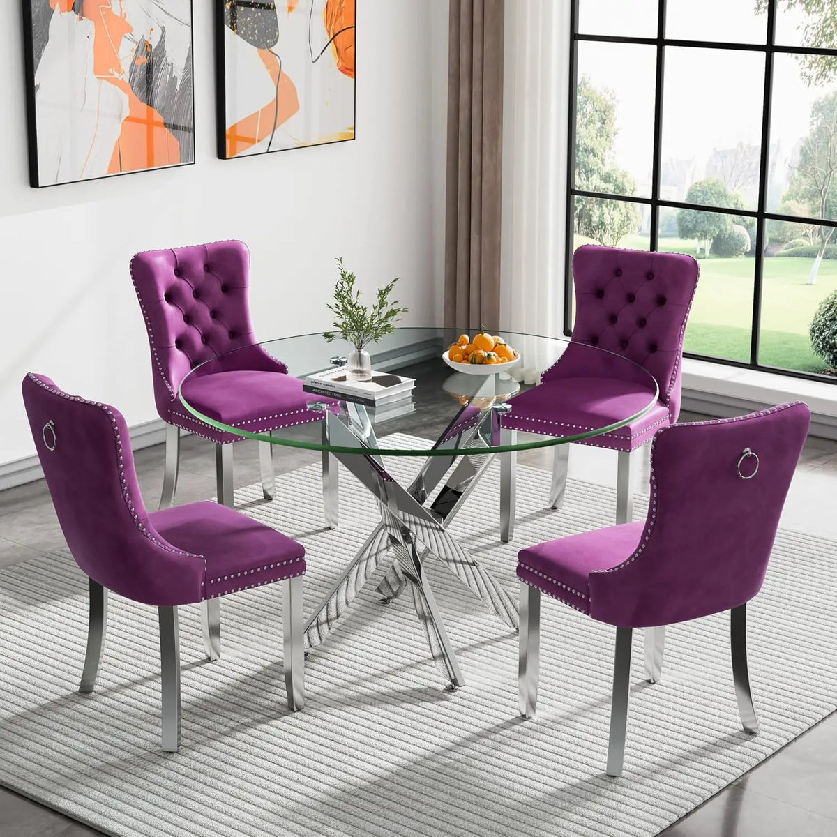 5-Piece Round Glass Dining Table Set for 4, 47.2" Circle Table with 4 Tufted Chairs for Kitchen Home Office, Customized