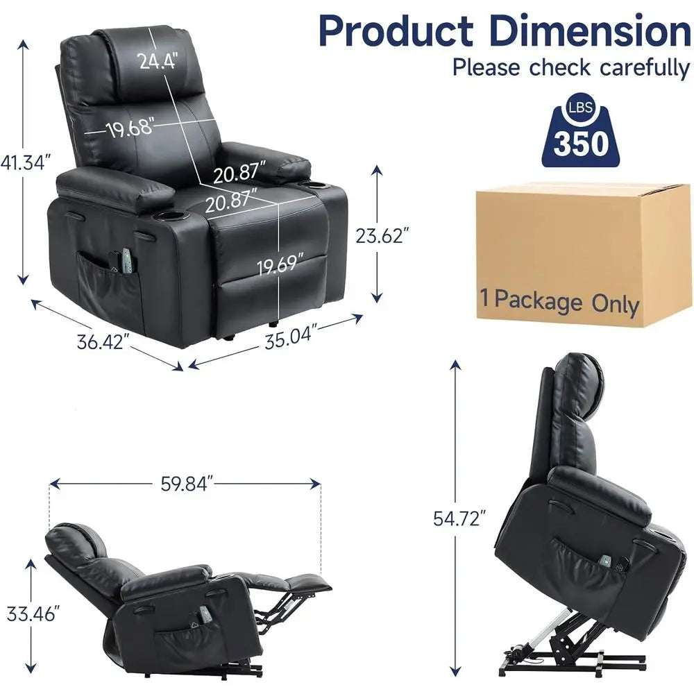 Power Lit Recliner Chair or Elderly with Massage & Heat, PU Leather Electric Recliner with USB Charge Port, 160° Adjustable Recl