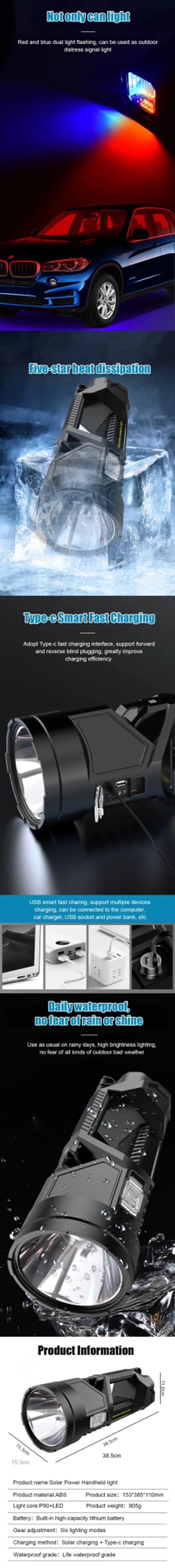 Solar Flashlight Super Bright Usb Rechargeable Long Range Multiple Lighting Modes LED Flashlight Home/outdoor Searchlight