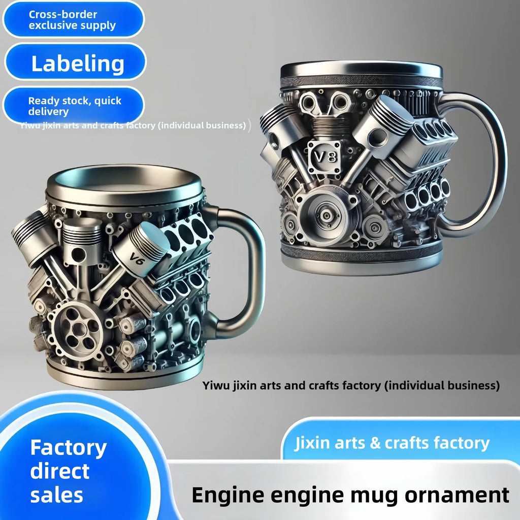 V8 Engine Coffee Mug, V6 Resin 3D Metal Cup, Creative Car Engine Model Decorative Mug