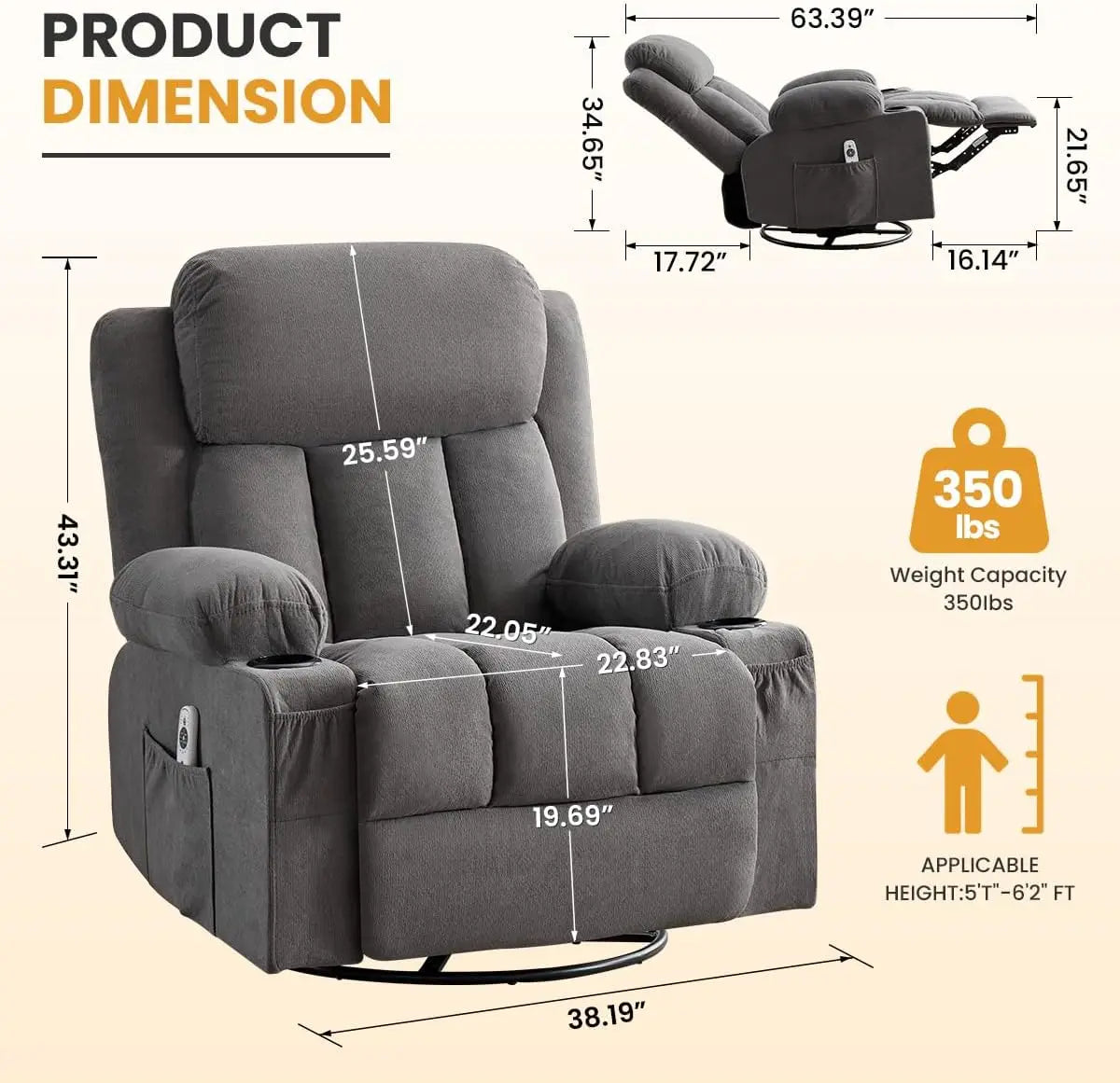 Swivel Rocker Recliner Chair Massage Heating USB Charge Side Pockets 155 Reclining 30 Rocking