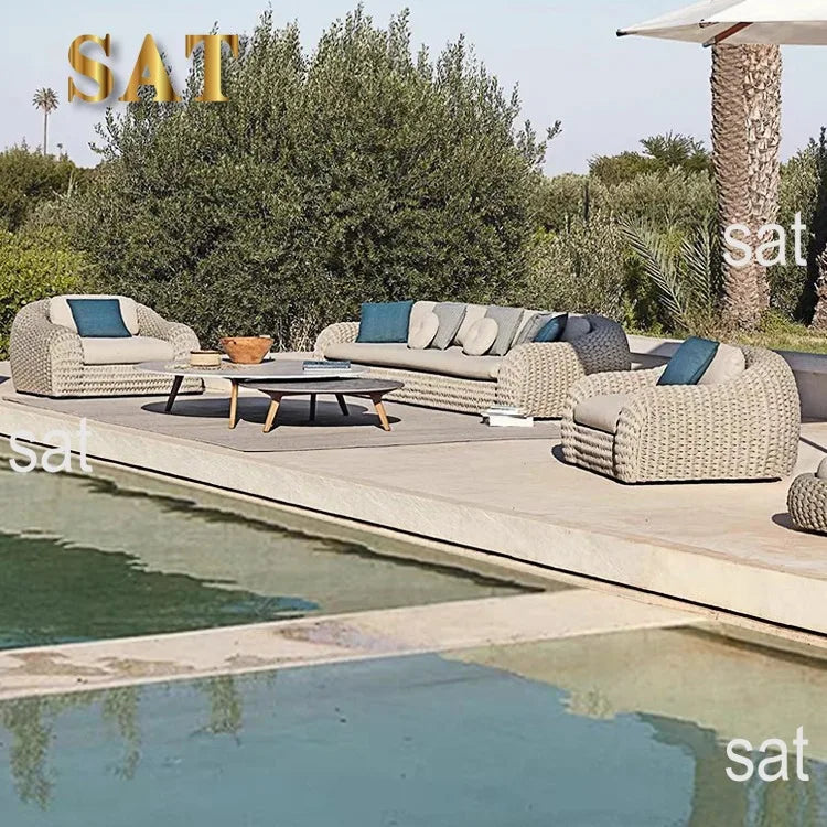 Outdoor sunscreen PE rattan rope sofa set with waterproof seat cushion Nordic design U-shaped removable garden furniture