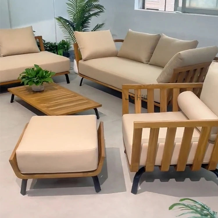 Sofa, with Waterproof UV-resistant Cushion, Outdoor Wooden Furniture, with Customized Service, for Hotel Patio Courtyard Use