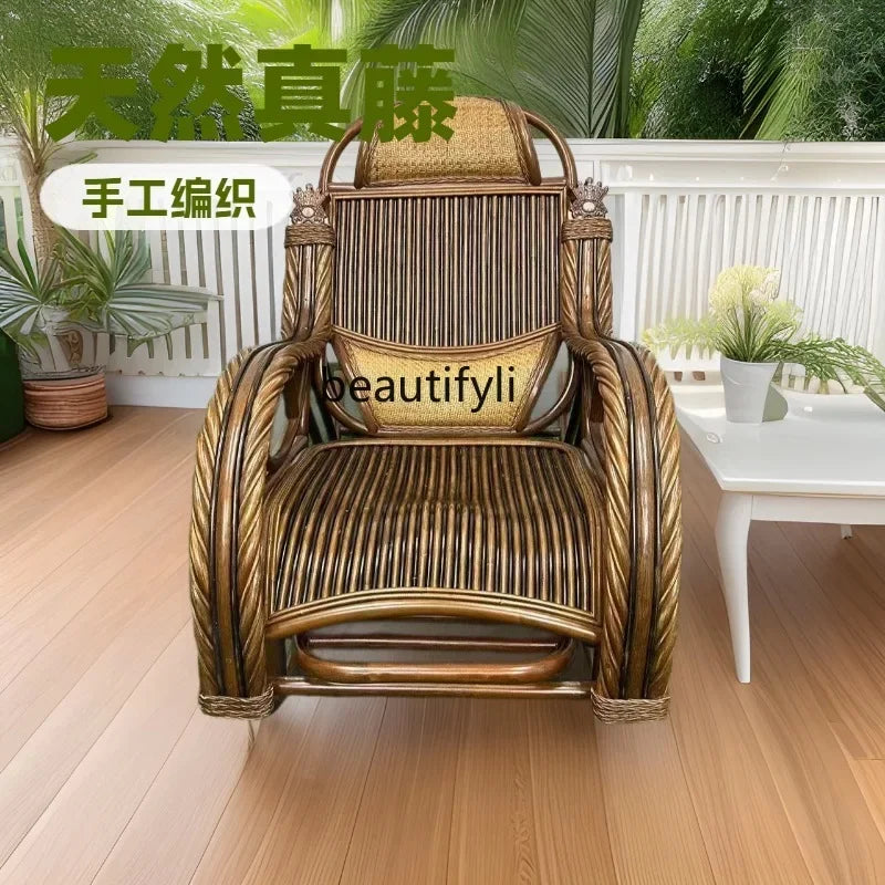 E153 Natural Real Rattan Elderly Nap Home Lazy Rocking Chair Adult Balcony Leisure Recliner