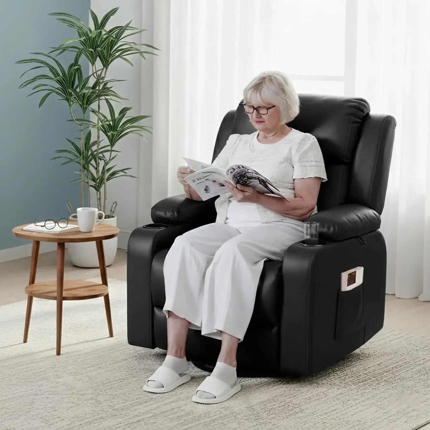 XL31 Power Lift Recliner Chair for Elderly, Electric Lift Chair with Massage & Heat, PU Leather Reclining Sofa w/Cup Holders, Si
