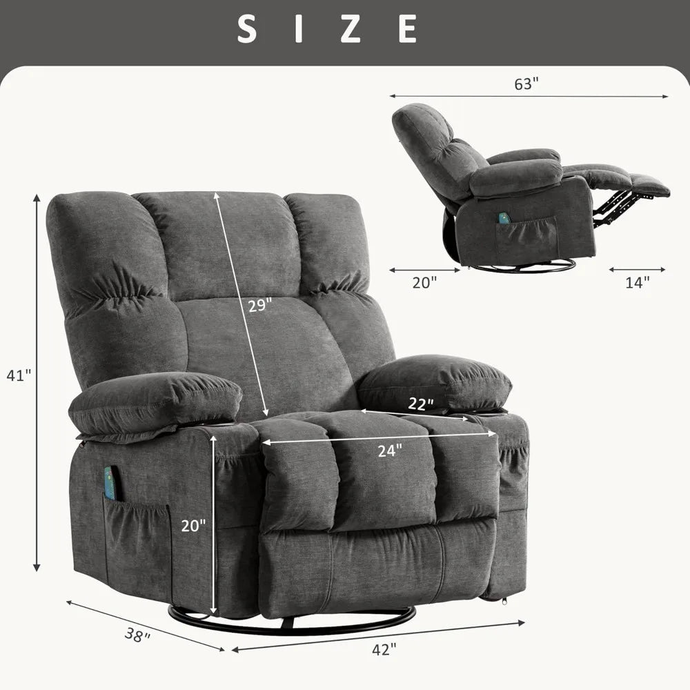 Recliner Chair with Vibration Massage & Lumbar Heating, 360° Swivel Oversized Rocker Recliner with USB Charging, Customized