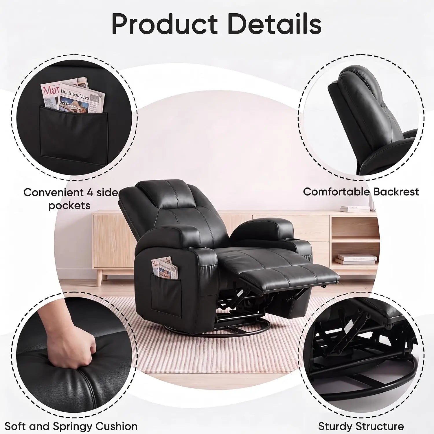Recliner Chair, 360° Swivel Rocker Chair for Adults, Rocking Recliner Chair with Massage, Comfy Single Sofa with Side, Custom