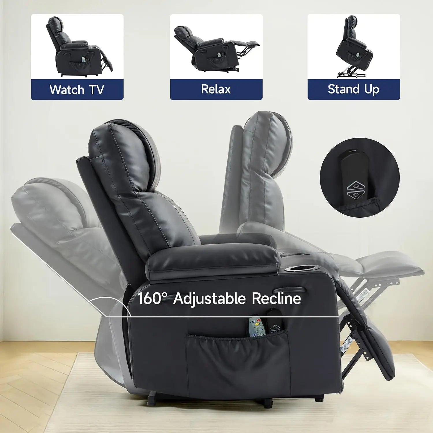 Power Lift Recliner Chair for Elderly with Massage & Heat, PU Leather Electric Recliner USB Port, 160° Recline, Remote