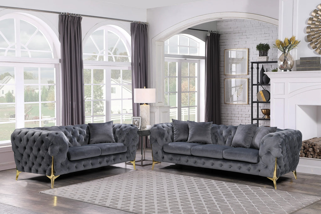 Luxury Tufted Velvet Chesterfield Couch Set Furniture Living Room Lounge Sofa Upholstered 2 Seater Sofas With Gold Legs