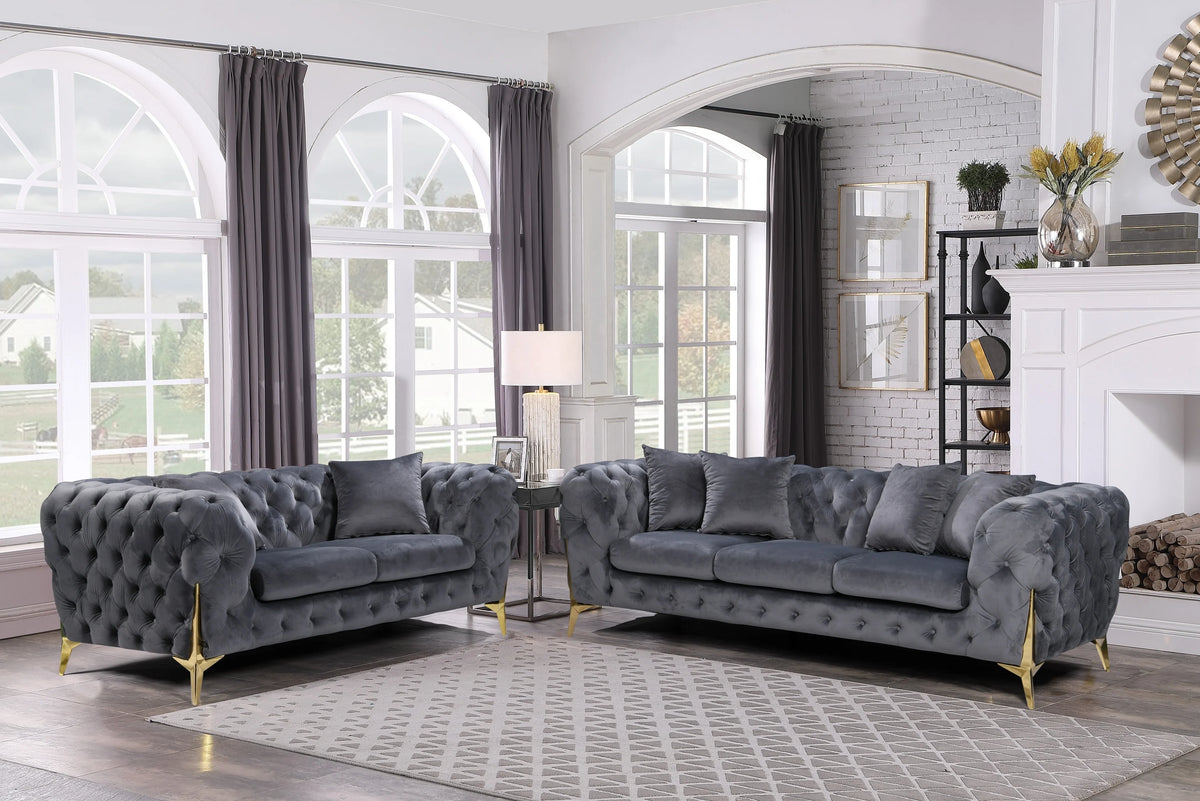 Luxury Tufted Velvet Chesterfield Couch Set Furniture Living Room Lounge Sofa Upholstered 2 Seater Sofas With Gold Legs