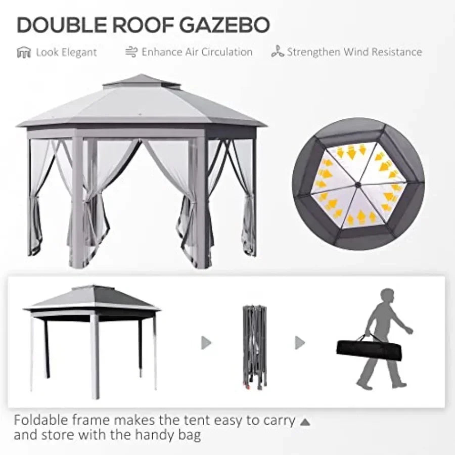 11' x 13' Pop Up Gazebo  Tent with Zippered Mesh Sidewalls and Carrying Bag Event Tent Shelter for Patio Garden Backyard Gray