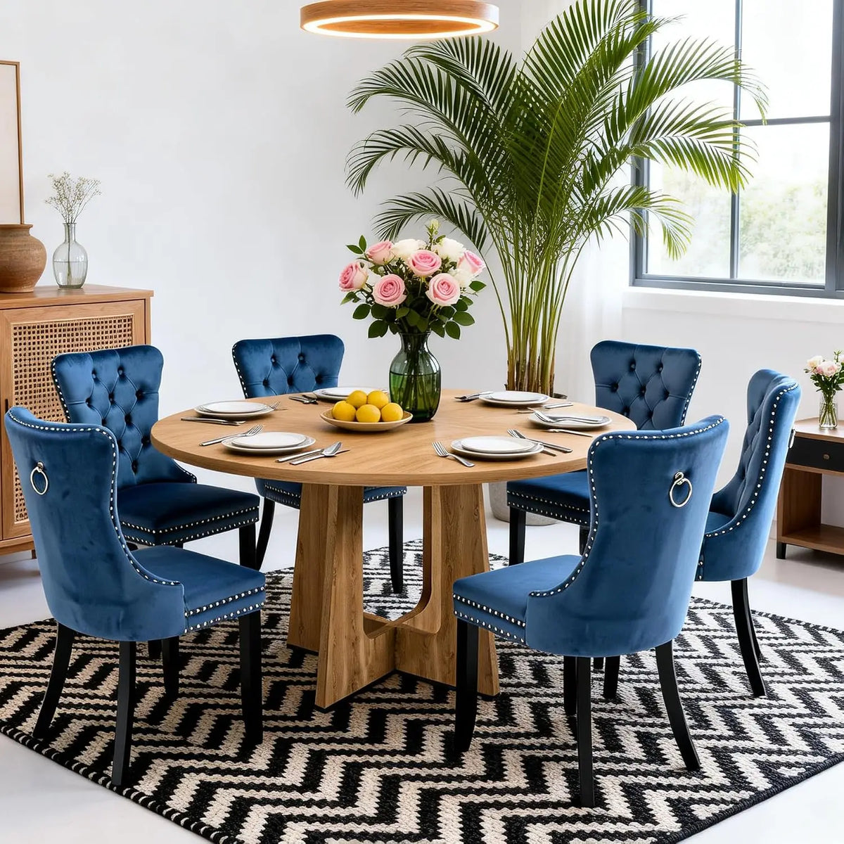 7-Piece Round Dining Table Set for 6, 47" Black Farmhouse Kitchen Table with 6 Gray Velvet Tufted Chairs, Modern Circle, Custom