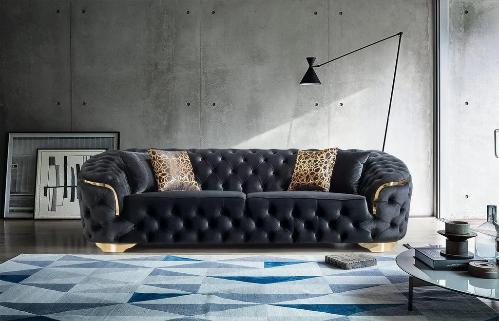 A Light Luxury Living Room Black Velvet 2 Seater Sofa With Gold Leg Upholstered Tufting Loveseat Lounge Sofas Couch Sets