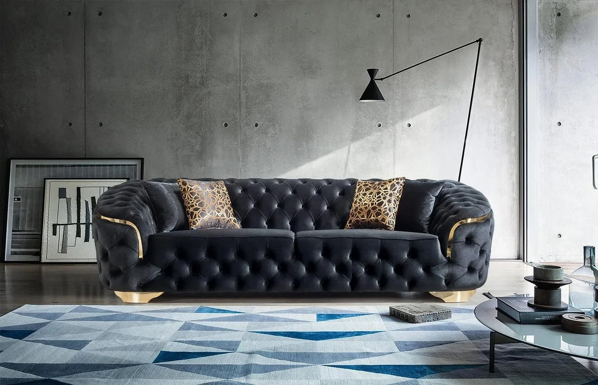 A Light Luxury Living Room Black Velvet 2 Seater Sofa With Gold Leg Upholstered Tufting Loveseat Lounge Sofas Couch Sets