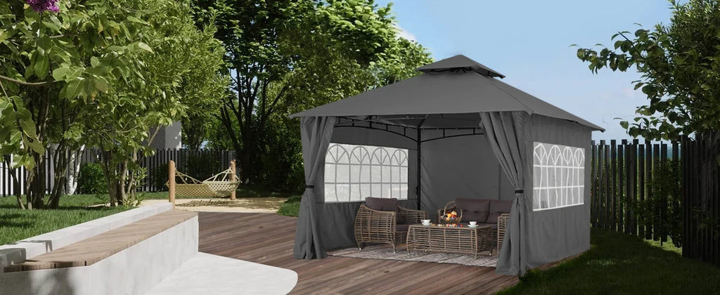 MASTERCANOPY 11x11 ft Patio Gazebo with Windows Curtains, Beige | Rustproof Steel Frame, UPF 50+ UV Protection, Fade-Resistant,