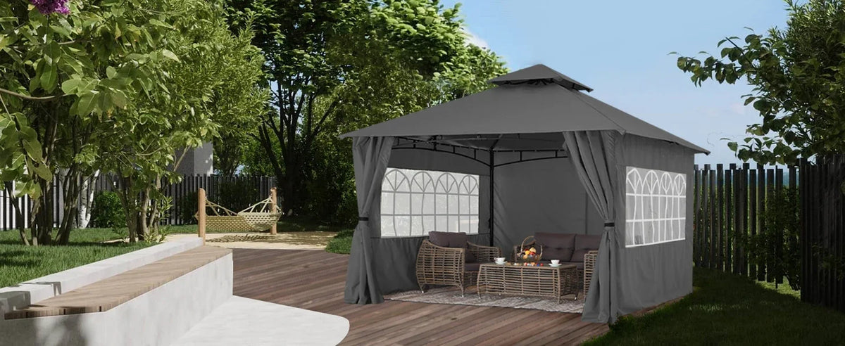 MASTERCANOPY 11x11 ft Patio Gazebo with Windows Curtains, Beige | Rustproof Steel Frame, UPF 50+ UV Protection, Fade-Resistant,