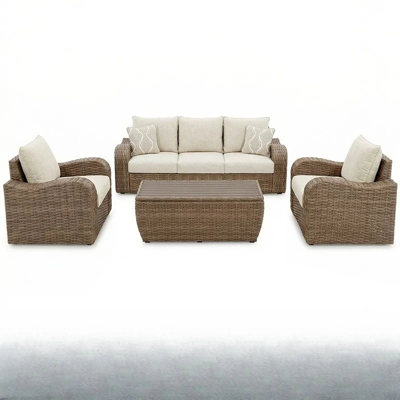 Outdoor PE Rattan Sofa Table Set, Waterproof Sun‑Resistant Patio Furniture for Garden, Balcony and Backyard Leisure Use