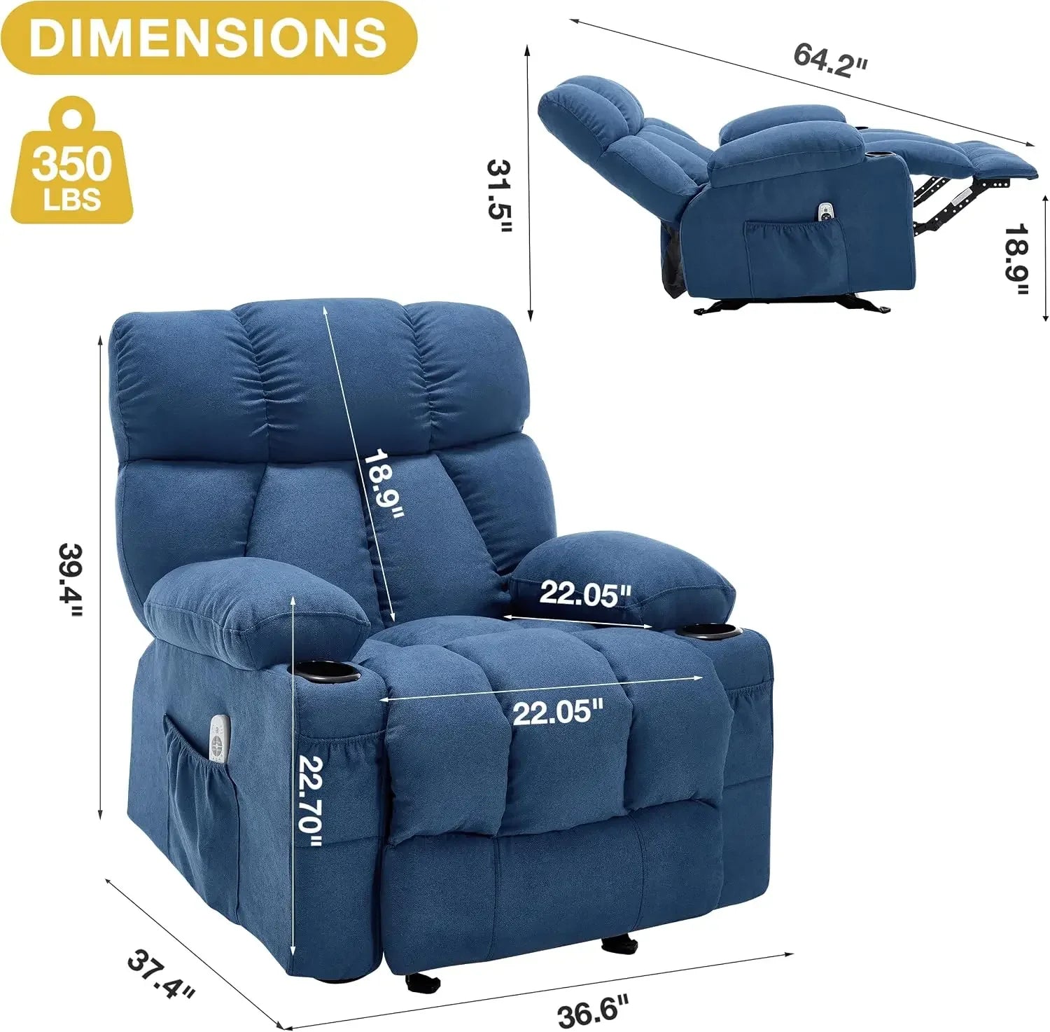 Blue Fabric Massage Recliner Ergonomic Rocker Chair With Vibration Heat USB Port Cup Holders