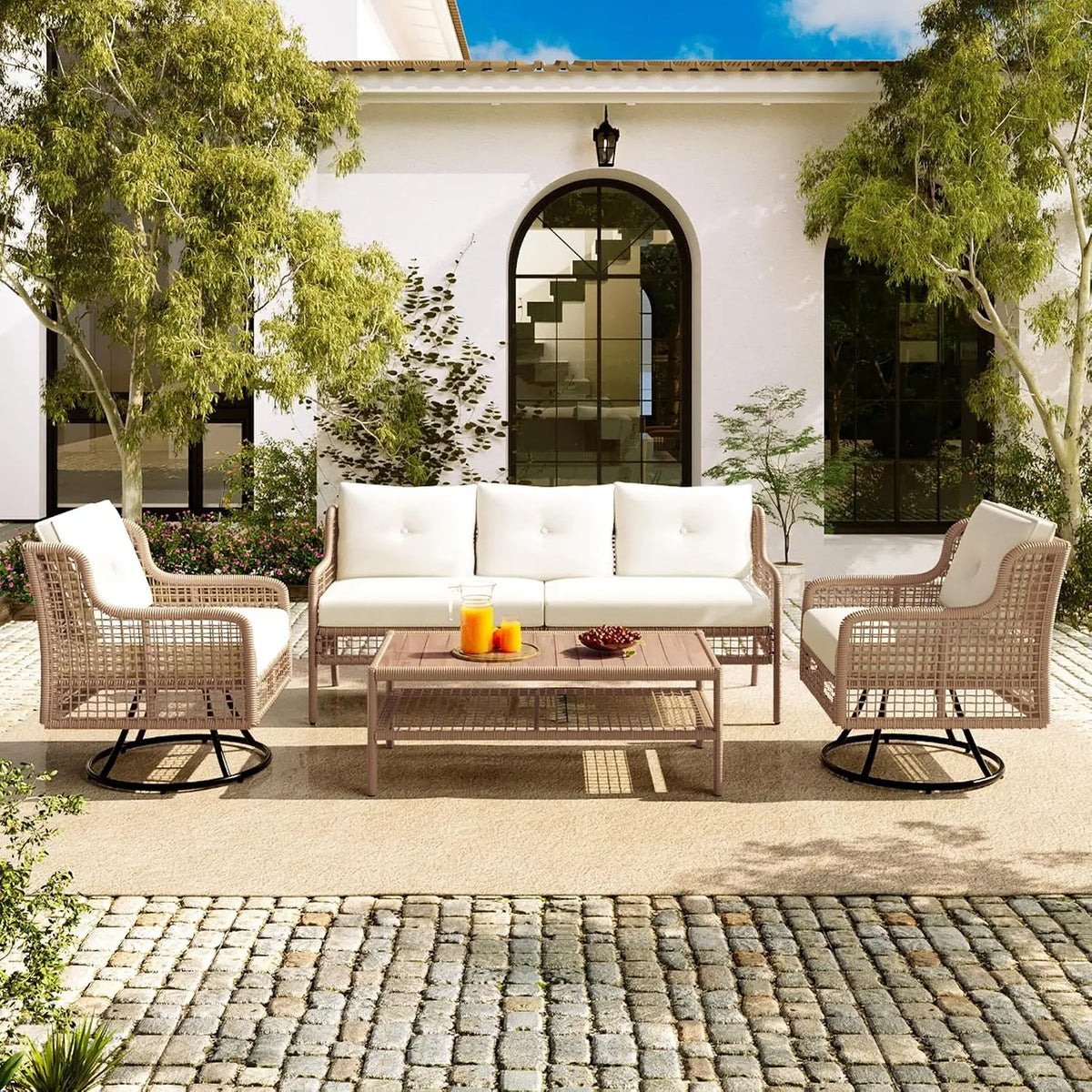 4-Piece Patio Set, All Weather Sectional w/ 2 Chairs, Loveseat & Table, Acacia Wood Outdoor Furniture with Cushions, Customized