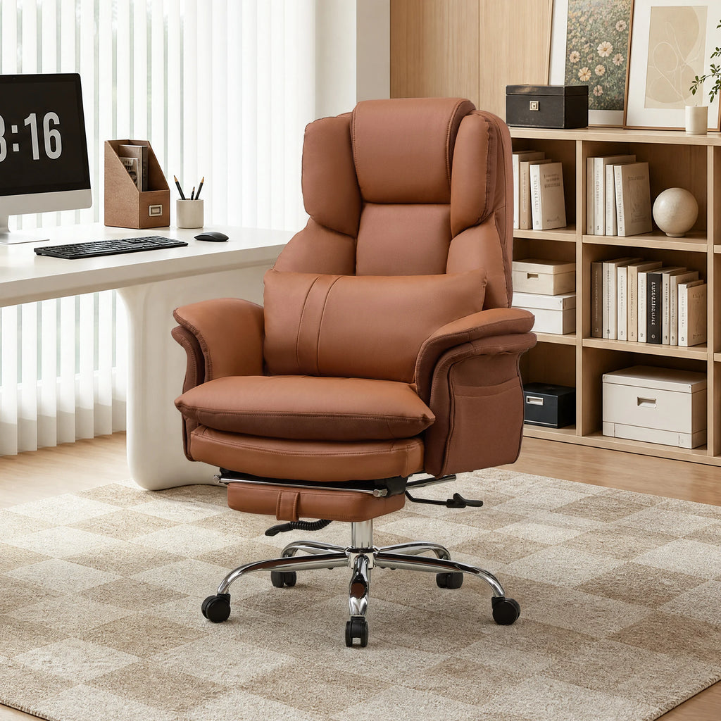 TCGBKAF Big and Tall Office Chair Executive Chair Brown PU Leather Criss Cross Chair with Adjustable Backrest and Flip Armrests, Ergonomic Computer Desk Chair with Footrest for Home &Office