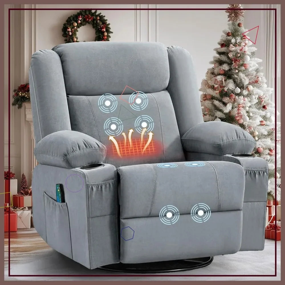 Swivel Recliner Chair with Vibration Massage & Lumbar Heat, Ergonomic Rocking Chair with Cup Holders for Living Room