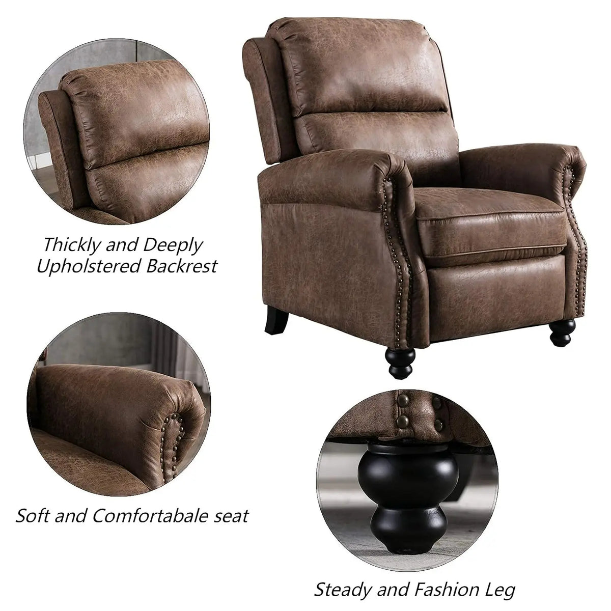 Faux Leather Pushback Recliner Chair with Rivet Decoration Single Sofa Accent for Living Room, Customized