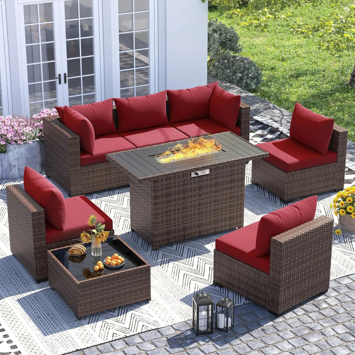 8-Piece Wicker Patio Furniture Set with 44" Fire Pit Table for Outdoor Garden, Custom