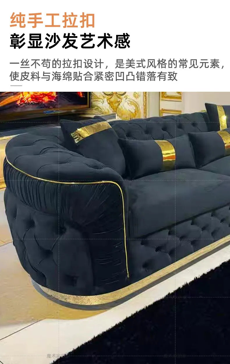 Luxury Chesterfield Sectional Sofa Set with Cloth Buttons and Fabric Modular Couch with Gold Stainless Steel Base, 3-seater Sofa