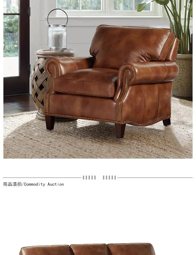 1*American Country Full Leather Solid Wood Sofa Villa Living Room Vintage Oil Wax First Layer Cowhide