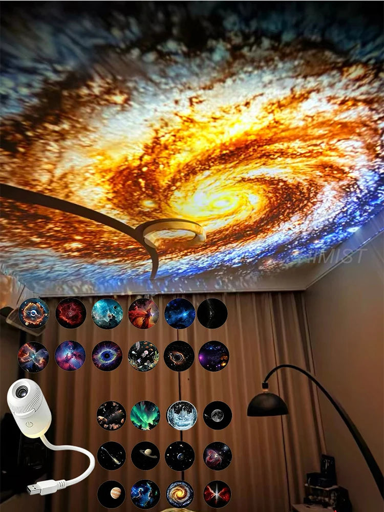 30 Projection Slides 2-in-1 Mini USB Galaxy Star Projector Night Light – Starry Sky Ambient Lamp for Bedroom Sleep & Decoration