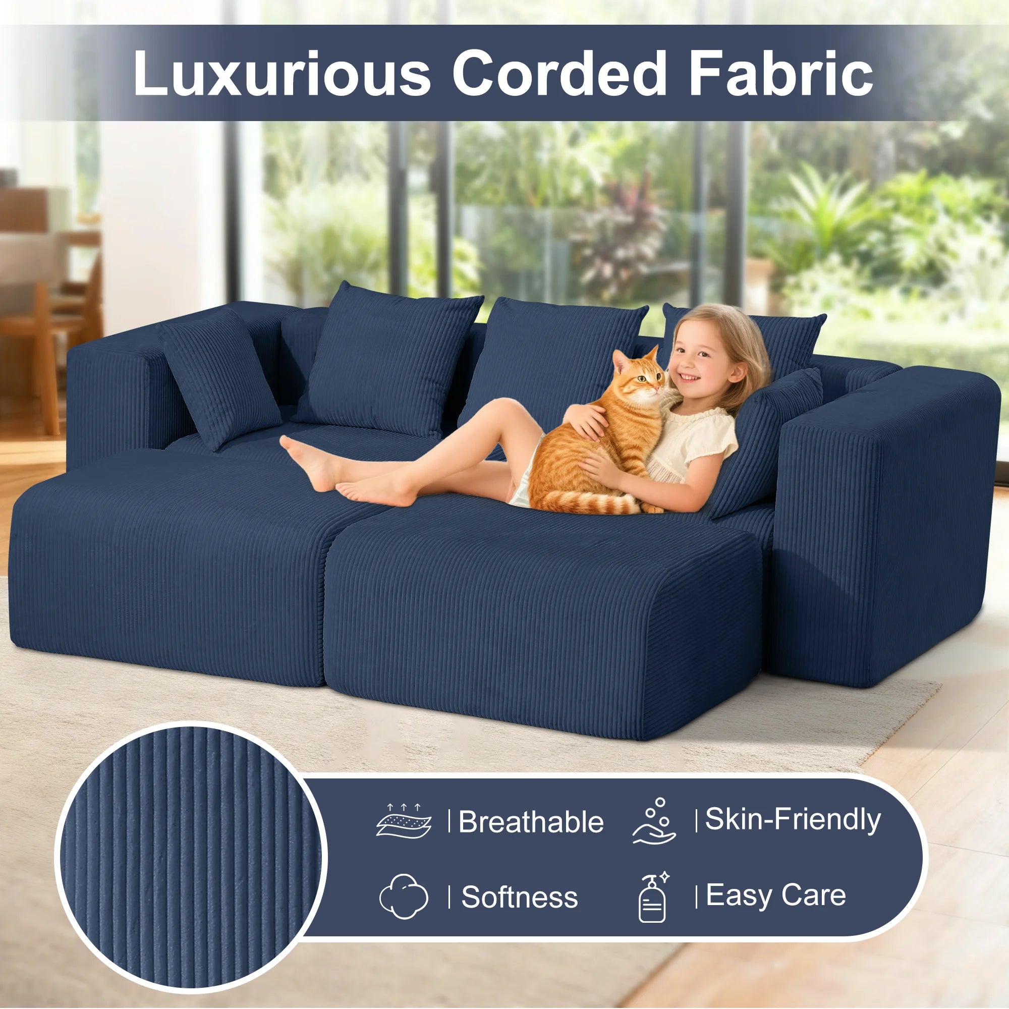 117" Corduroy Boneless Couches, Modular Sectional Sofa, Loveseat Comfy Cloud-Like Couches with 3 Pillows, Deep Seat for Living Room, Compact for Small Spaces