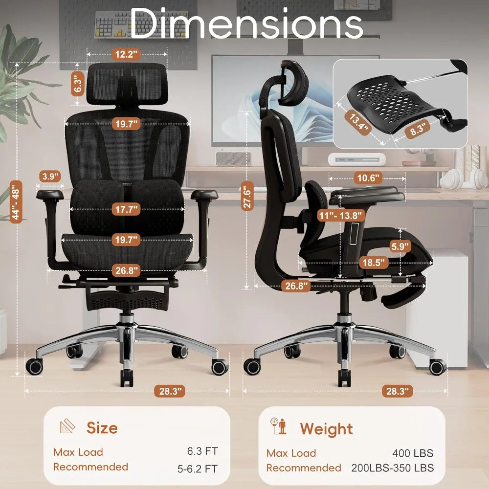 Ergonomic Office Chair with Footrest, Desk Chair with Lumbar Support, Mesh Seat, 3D Headrest, Black